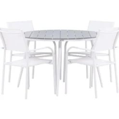 Ruokailuryhmä Venture Home, ø120cm harmaa/valkoinen Break-pöytä + 4 valkoista, pinottavaa Santorini-tuolia