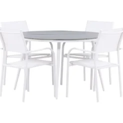 Ruokailuryhmä Venture Home, ø120cm harmaa/valkoinen Break-pöytä + 4 valkoista, pinottavaa Santorini-tuolia