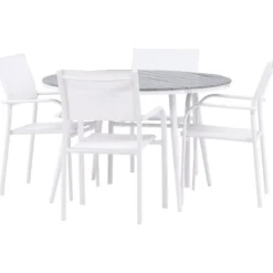 Ruokailuryhmä Venture Home, ø120cm harmaa/valkoinen Break-pöytä + 4 valkoista, pinottavaa Santorini-tuolia