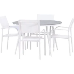 Ruokailuryhmä Venture Home, ø120cm harmaa/valkoinen Break-pöytä + 4 valkoista, pinottavaa Santorini-tuolia