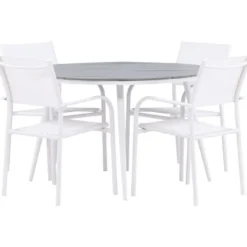 Ruokailuryhmä Venture Home, ø120cm harmaa/valkoinen Break-pöytä + 4 valkoista, pinottavaa Santorini-tuolia