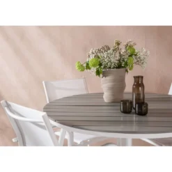 Ruokailuryhmä Venture Home, ø120cm harmaa/valkoinen Break-pöytä + 4 valkoista, pinottavaa Santorini-tuolia