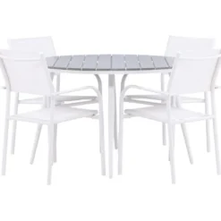 Ruokailuryhmä Venture Home, ø120cm harmaa/valkoinen Break-pöytä + 4 valkoista, pinottavaa Santorini-tuolia
