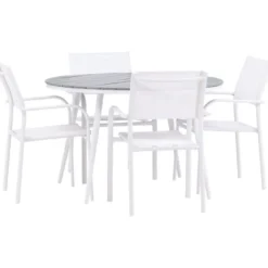 Ruokailuryhmä Venture Home, ø120cm harmaa/valkoinen Break-pöytä + 4 valkoista, pinottavaa Santorini-tuolia