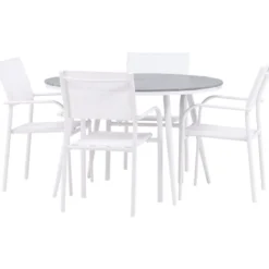 Ruokailuryhmä Venture Home, ø120cm harmaa/valkoinen Break-pöytä + 4 valkoista, pinottavaa Santorini-tuolia