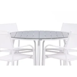 Ruokailuryhmä Venture Home, ø120cm harmaa/valkoinen Break-pöytä + 4 valkoista, pinottavaa Santorini-tuolia