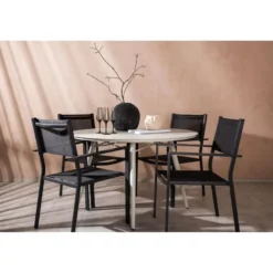 Ruokailuryhmä Venture Home, ø120cm, beige Lina-pöytä + 4 mustaa, pinottavaa Copacabana-tuolia