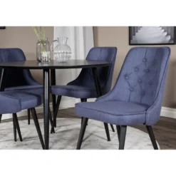 Ruokailuryhmä Venture Home, ⌀115cm musta Dipp-pöytä + 4 sinistä Velvet Deluxe -tuolia