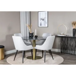 Ruokailuryhmä Venture Home, ⌀106cm musta/messinki Estelle-pöytä + 4 harmaata Plaza-tuolia