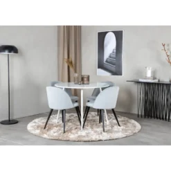 Ruokailuryhmä Venture Home, ø100cm valkoinen Plaza-pöytä + 4 vaaleanharmaata Velvet-tuolia, vakosametti