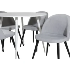 Ruokailuryhmä Venture Home, ø100cm valkoinen Plaza-pöytä + 4 vaaleanharmaata Velvet-tuolia, vakosametti