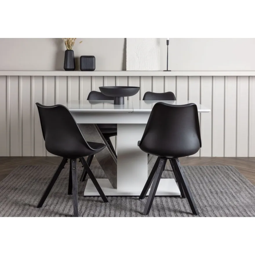 Ruokailuryhmä Venture Home, jatkettava Disa-pöytä + 4 mustaa Zeno-tuolia
