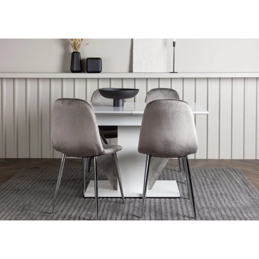 Ruokailuryhmä Venture Home, jatkettava Disa-pöytä + 4 vaaleanharmaata Eva-tuolia, sametti