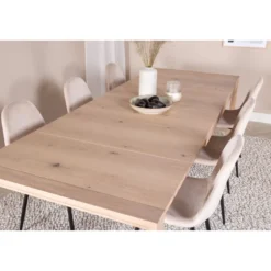 Ruokailuryhmä Venture Home, jatkettava beige Slider-pöytä + 6 beigeä Polar-tuolia, sametti
