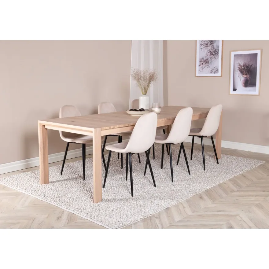 Ruokailuryhmä Venture Home, jatkettava beige Slider-pöytä + 6 beigeä Polar-tuolia, sametti