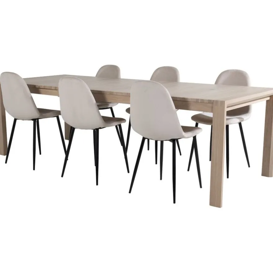Ruokailuryhmä Venture Home, jatkettava beige Slider-pöytä + 6 beigeä Polar-tuolia, sametti
