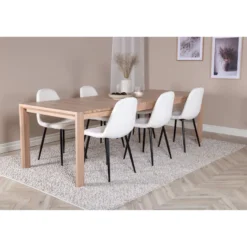 Ruokailuryhmä Venture Home, jatkettava beige Slider-pöytä + 6 valkoista Polar Fluff -tuolia