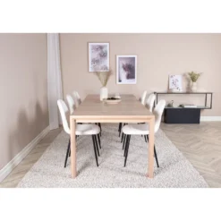 Ruokailuryhmä Venture Home, jatkettava beige Slider-pöytä + 6 valkoista Polar Fluff -tuolia