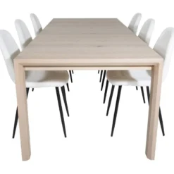 Ruokailuryhmä Venture Home, jatkettava beige Slider-pöytä + 6 valkoista Polar Fluff -tuolia