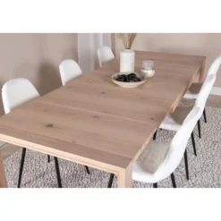 Ruokailuryhmä Venture Home, jatkettava beige Slider-pöytä + 6 valkoista Polar Fluff -tuolia