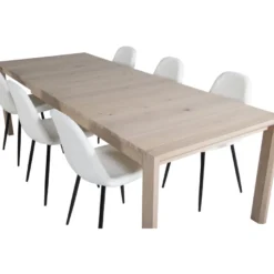 Ruokailuryhmä Venture Home, jatkettava beige Slider-pöytä + 6 valkoista Polar Fluff -tuolia