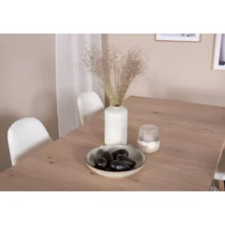 Ruokailuryhmä Venture Home, jatkettava beige Slider-pöytä + 6 valkoista Polar Fluff -tuolia
