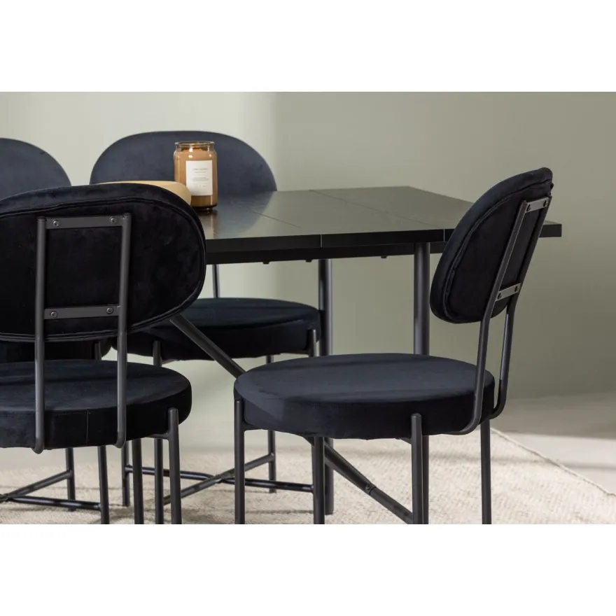 Ruokailuryhmä Venture Home, musta 200x90cm Astrid-ruokapöytä + 6 mustaa Stella-tuolia, sametti