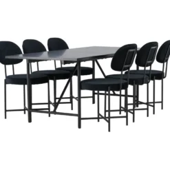 Ruokailuryhmä Venture Home, musta 200x90cm Astrid-ruokapöytä + 6 mustaa Stella-tuolia, sametti