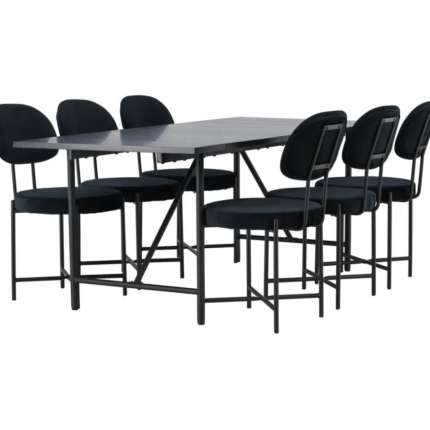Ruokailuryhmä Venture Home, musta 200x90cm Astrid-ruokapöytä + 6 mustaa Stella-tuolia, sametti