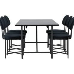 Ruokailuryhmä Venture Home, musta 200x90cm Astrid-ruokapöytä + 6 mustaa Stella-tuolia, sametti