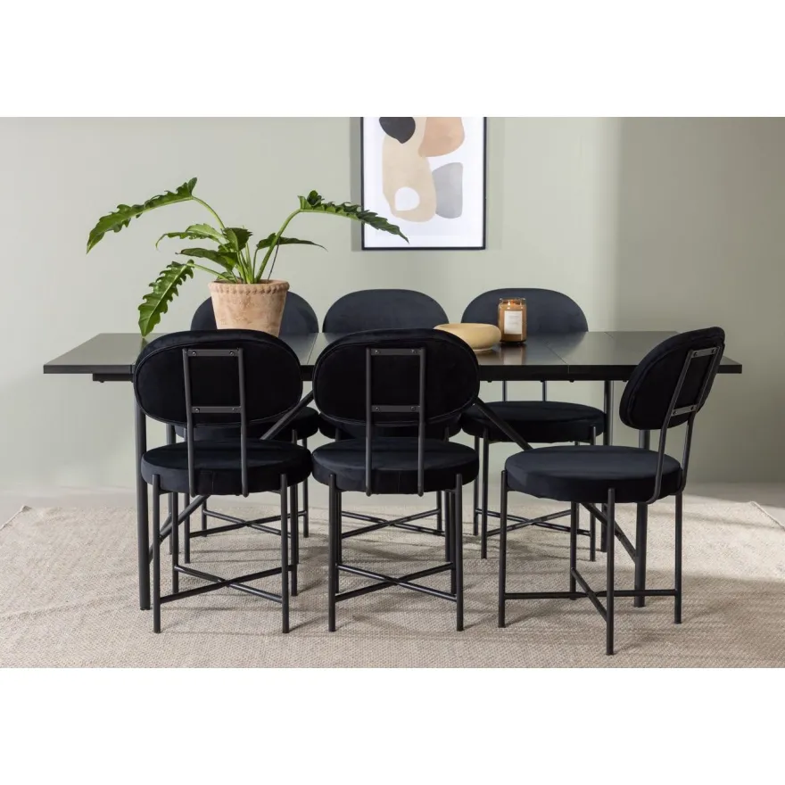 Ruokailuryhmä Venture Home, musta 200x90cm Astrid-ruokapöytä + 6 mustaa Stella-tuolia, sametti