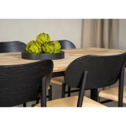 Ruokailuryhmä Venture Home, ruskea 200x90cm Polly-pöytä + 6 mustaa Cirebon-tuolia