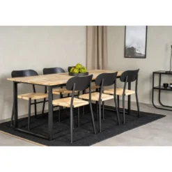 Ruokailuryhmä Venture Home, ruskea 200x90cm Polly-pöytä + 6 mustaa Cirebon-tuolia