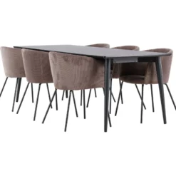 Ruokailuryhmä Venture Home, 230x85cm musta Ellis-pöytä + 6 Berit-tuolia, vakosametti