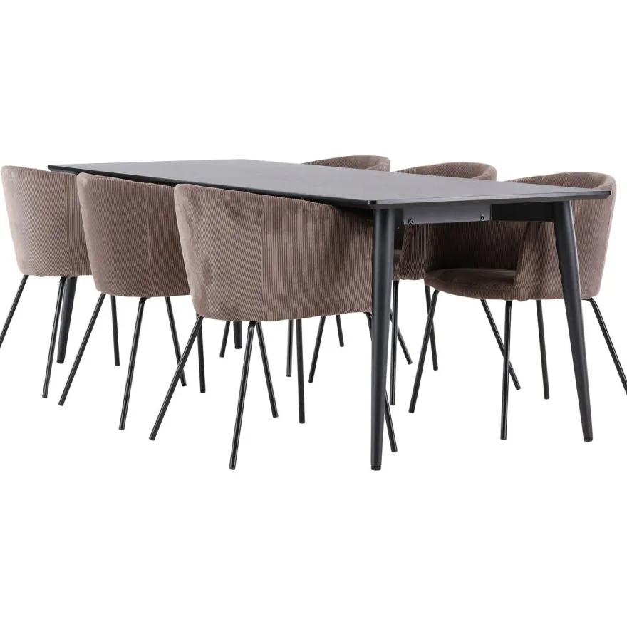 Ruokailuryhmä Venture Home, 230x85cm musta Ellis-pöytä + 6 Berit-tuolia, vakosametti