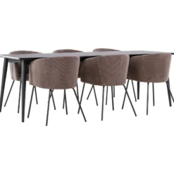 Ruokailuryhmä Venture Home, 230x85cm musta Ellis-pöytä + 6 Berit-tuolia, vakosametti
