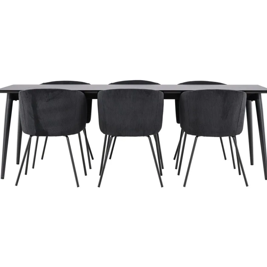 Ruokailuryhmä Venture Home, 230x85cm musta Ellis-pöytä + 6 Berit-tuolia, vakosametti