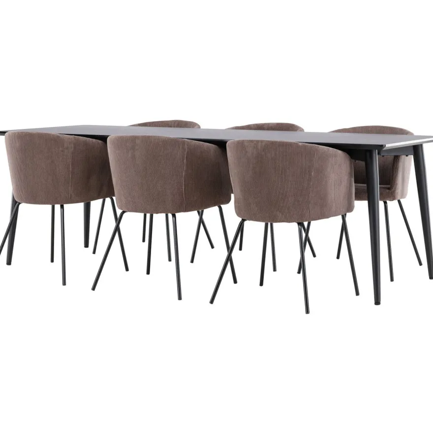 Ruokailuryhmä Venture Home, 230x85cm musta Ellis-pöytä + 6 Berit-tuolia, vakosametti