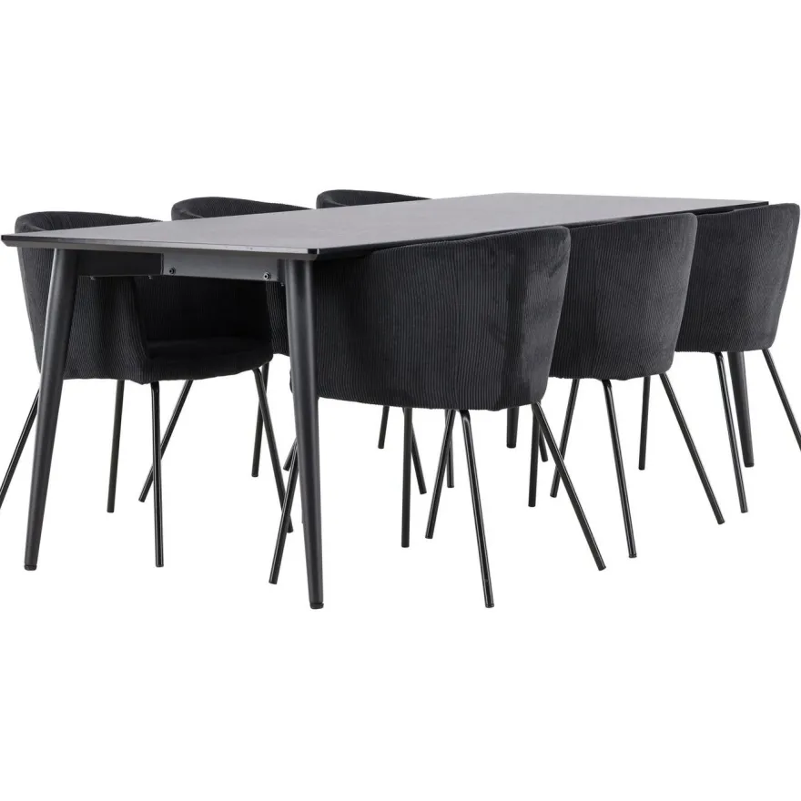 Ruokailuryhmä Venture Home, 230x85cm musta Ellis-pöytä + 6 Berit-tuolia, vakosametti