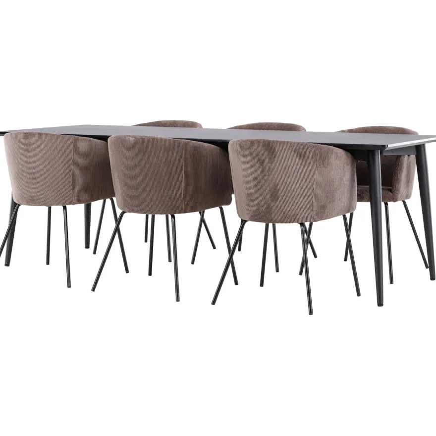 Ruokailuryhmä Venture Home, 230x85cm musta Ellis-pöytä + 6 Berit-tuolia, vakosametti