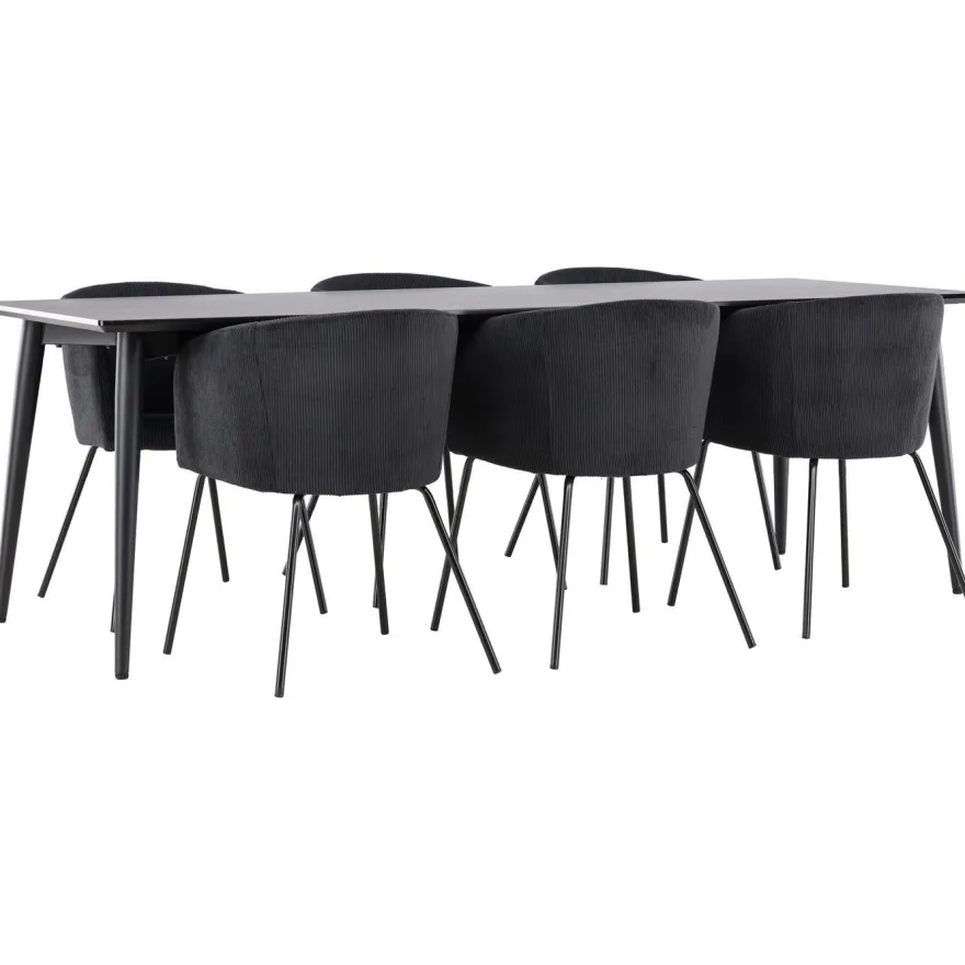 Ruokailuryhmä Venture Home, 230x85cm musta Ellis-pöytä + 6 Berit-tuolia, vakosametti