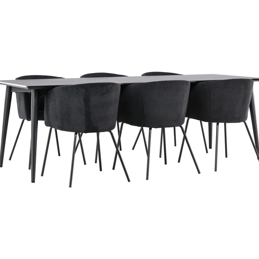 Ruokailuryhmä Venture Home, 230x85cm musta Ellis-pöytä + 6 Berit-tuolia, vakosametti