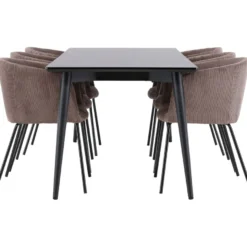 Ruokailuryhmä Venture Home, 230x85cm musta Ellis-pöytä + 6 Berit-tuolia, vakosametti