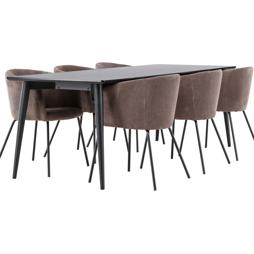 Ruokailuryhmä Venture Home, 230x85cm musta Ellis-pöytä + 6 Berit-tuolia, vakosametti