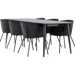 Ruokailuryhmä Venture Home, 230x85cm musta Ellis-pöytä + 6 Berit-tuolia, vakosametti