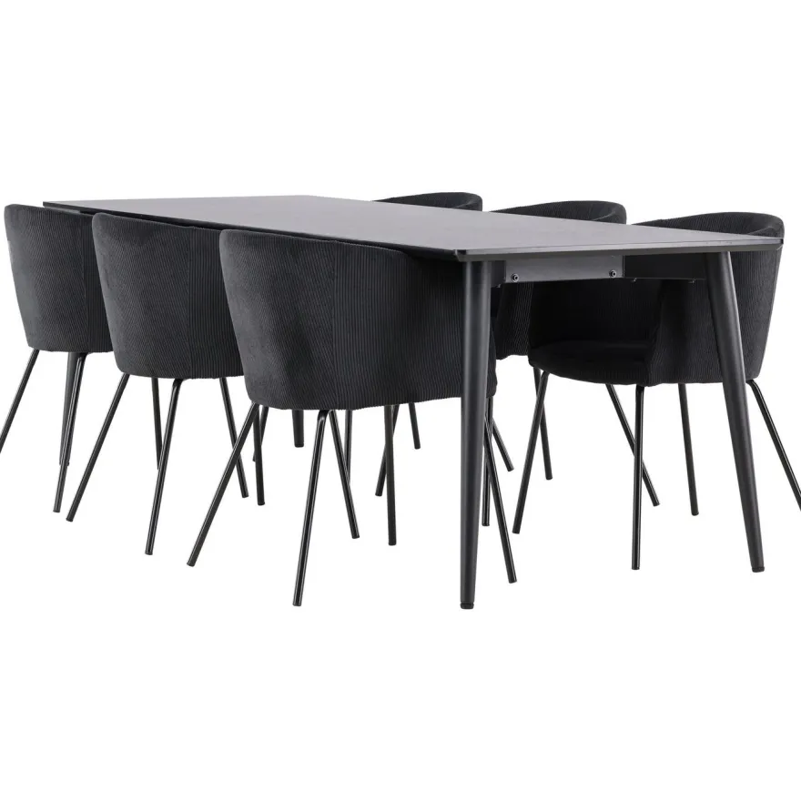 Ruokailuryhmä Venture Home, 230x85cm musta Ellis-pöytä + 6 Berit-tuolia, vakosametti