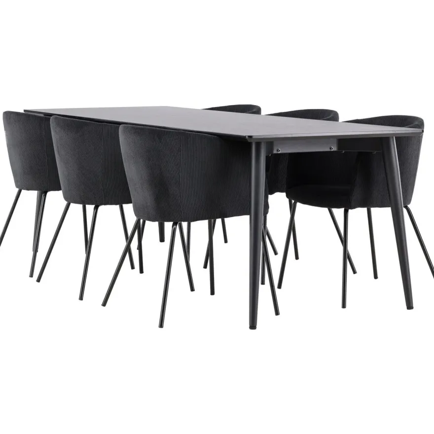 Ruokailuryhmä Venture Home, 230x85cm musta Ellis-pöytä + 6 Berit-tuolia, vakosametti