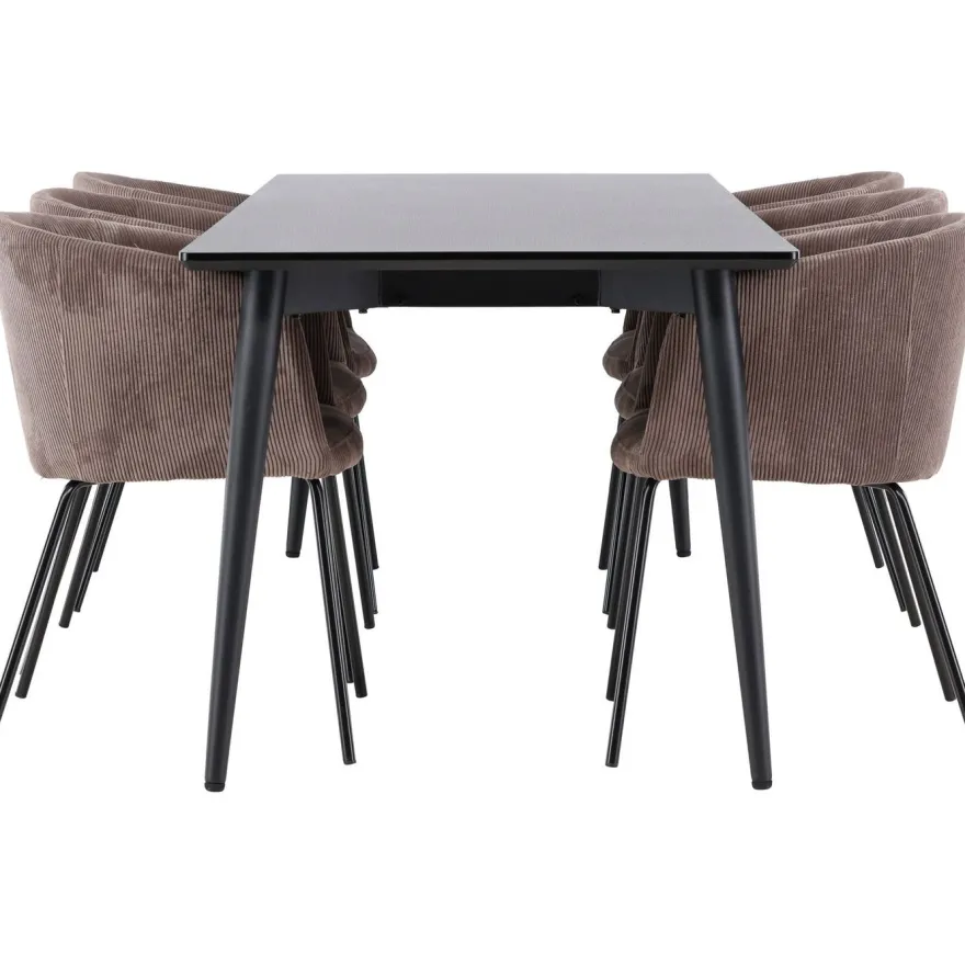 Ruokailuryhmä Venture Home, 230x85cm musta Ellis-pöytä + 6 Berit-tuolia, vakosametti