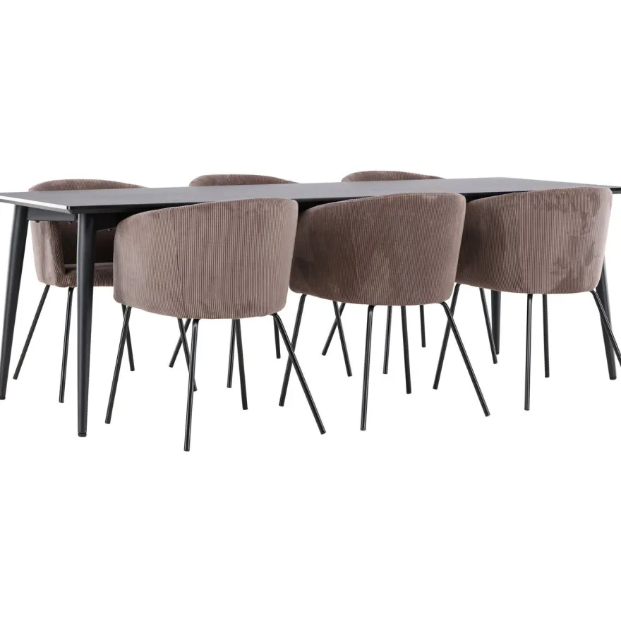 Ruokailuryhmä Venture Home, 230x85cm musta Ellis-pöytä + 6 Berit-tuolia, vakosametti