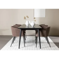Ruokailuryhmä Venture Home, 230x85cm musta Ellis-pöytä + 6 Berit-tuolia, vakosametti